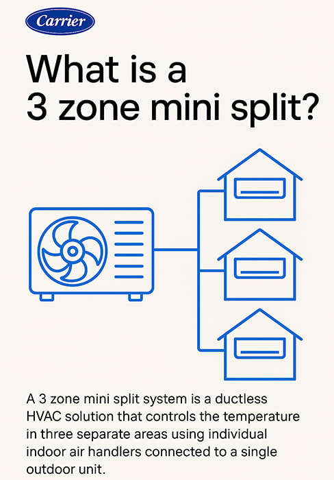 Carrier What Is A 3 Zone Mini Split Infographic Carrier infographic explaining what a 3 zone mini split system is, featuring a diagram of one outdoor unit connected to three indoor units for separate temperature control zones.