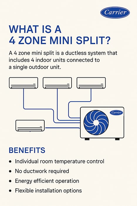Carrier What Is A 4 Zone Mini Split Infographic Infographic by Carrier explaining what a 4-zone mini split is, showing four indoor units connected to one outdoor unit, with benefits like individual temperature control and energy efficiency.