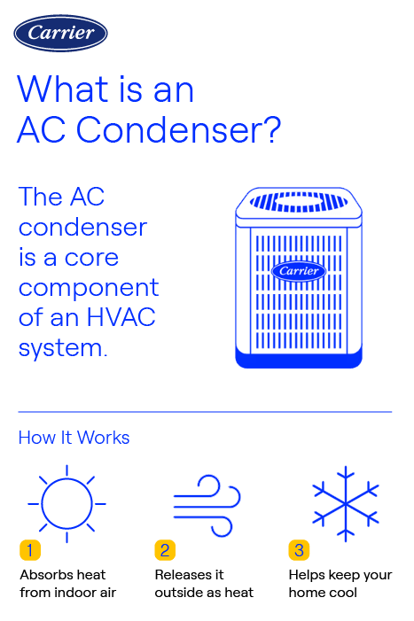 carrier-ac-condenser-explained-infographic Carrier-branded infographic explaining what an AC condenser is, how it functions in the cooling process, and its role in absorbing indoor heat and releasing it outdoors.