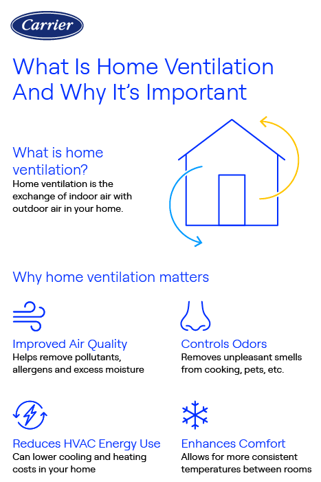 what-is-home-ventilation-carrier-infographic Infographic explaining home ventilation, illustrating how fresh air circulates through a house to remove indoor pollutants, control humidity, and improve air quality for healthier living. Highlights benefits such as reducing mold growth, preventing stale air, and enhancing comfort.