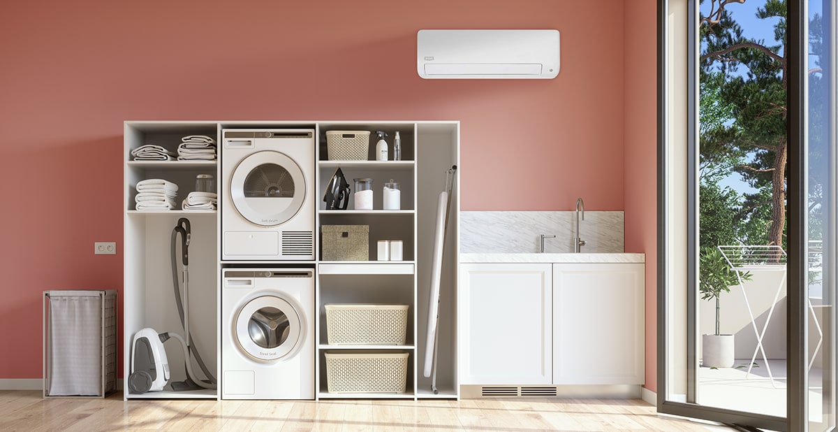 an energy-efficient mini split installed in laundry room> <h3>Zoning Capabilities for Targeted Comfort</h3> <p class=