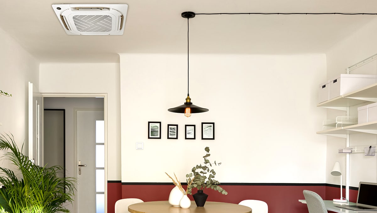a kitchen with ceiling cassette mini split installed
