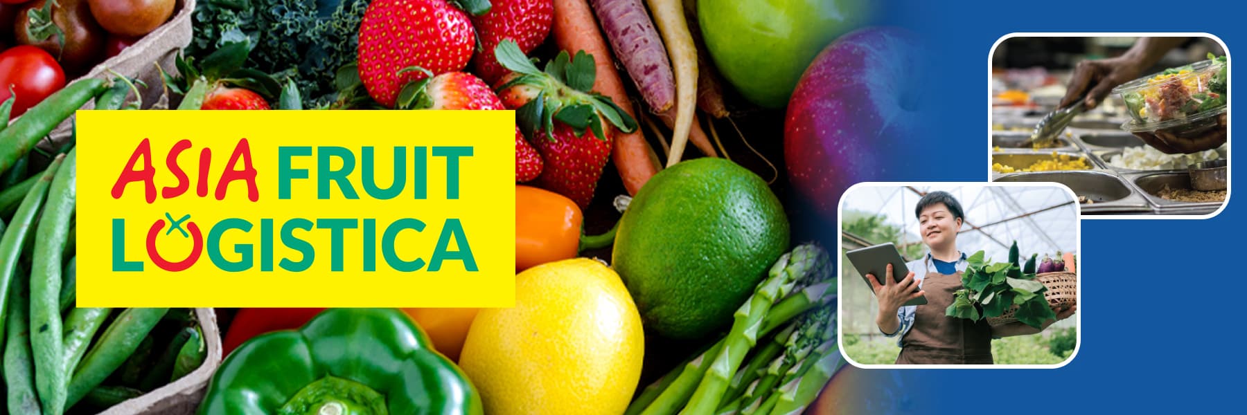 Asia Fruit Logistica logo over background of fruits and vegetables