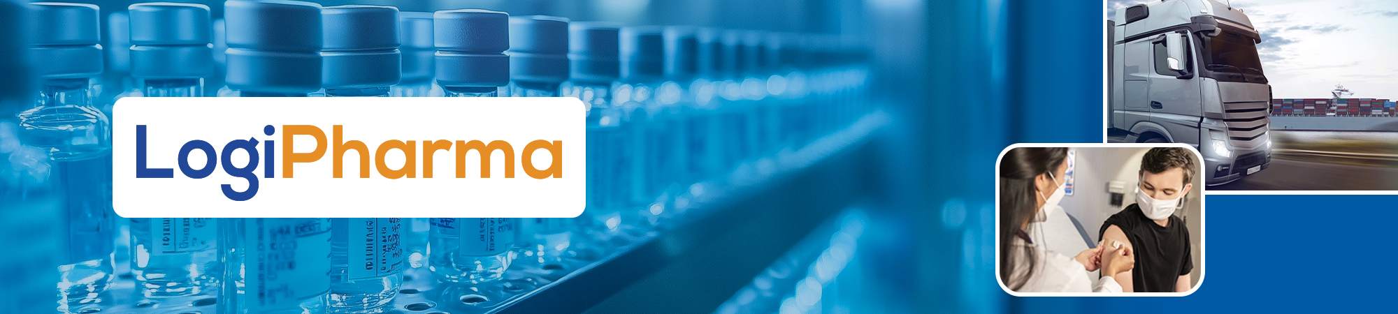 LogiPharma USA logo over background of vials and images of vaccine shot and logistics