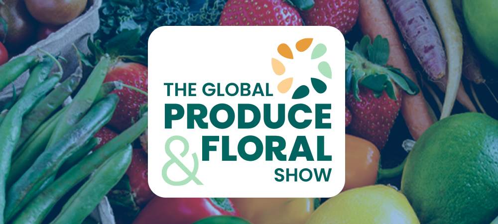Global Produce & Floral Show event logo over background of fruits and vegetables