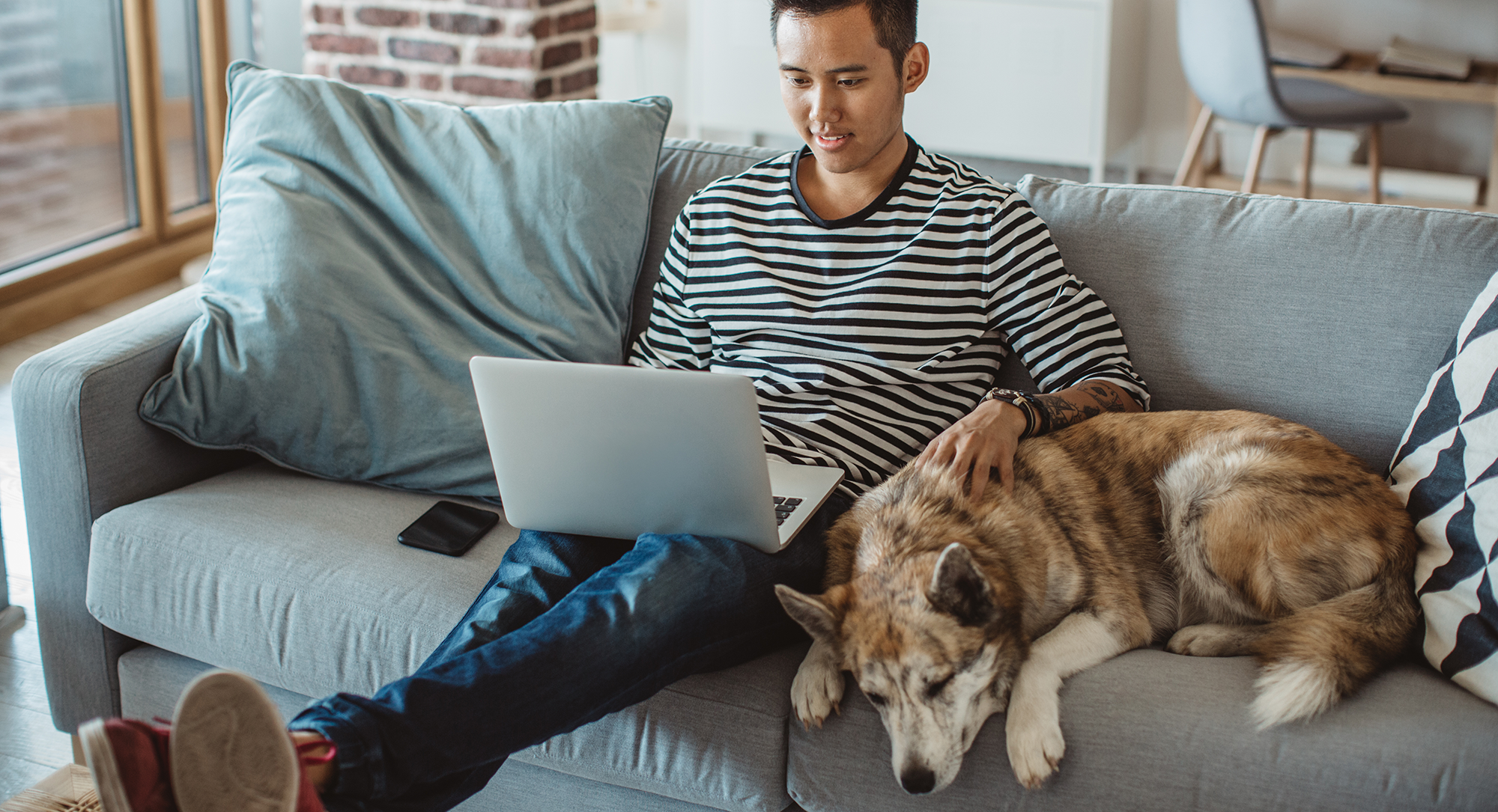 man-on-couch-computer-and-dog man-on-couch-computer-and-dog