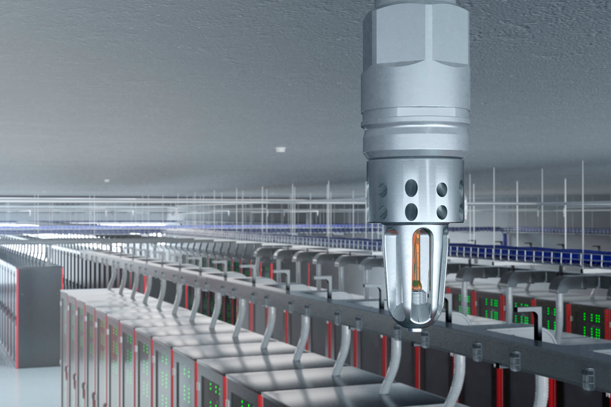 A Marioff HI-FOG sprinkler in front of a data center server hall.