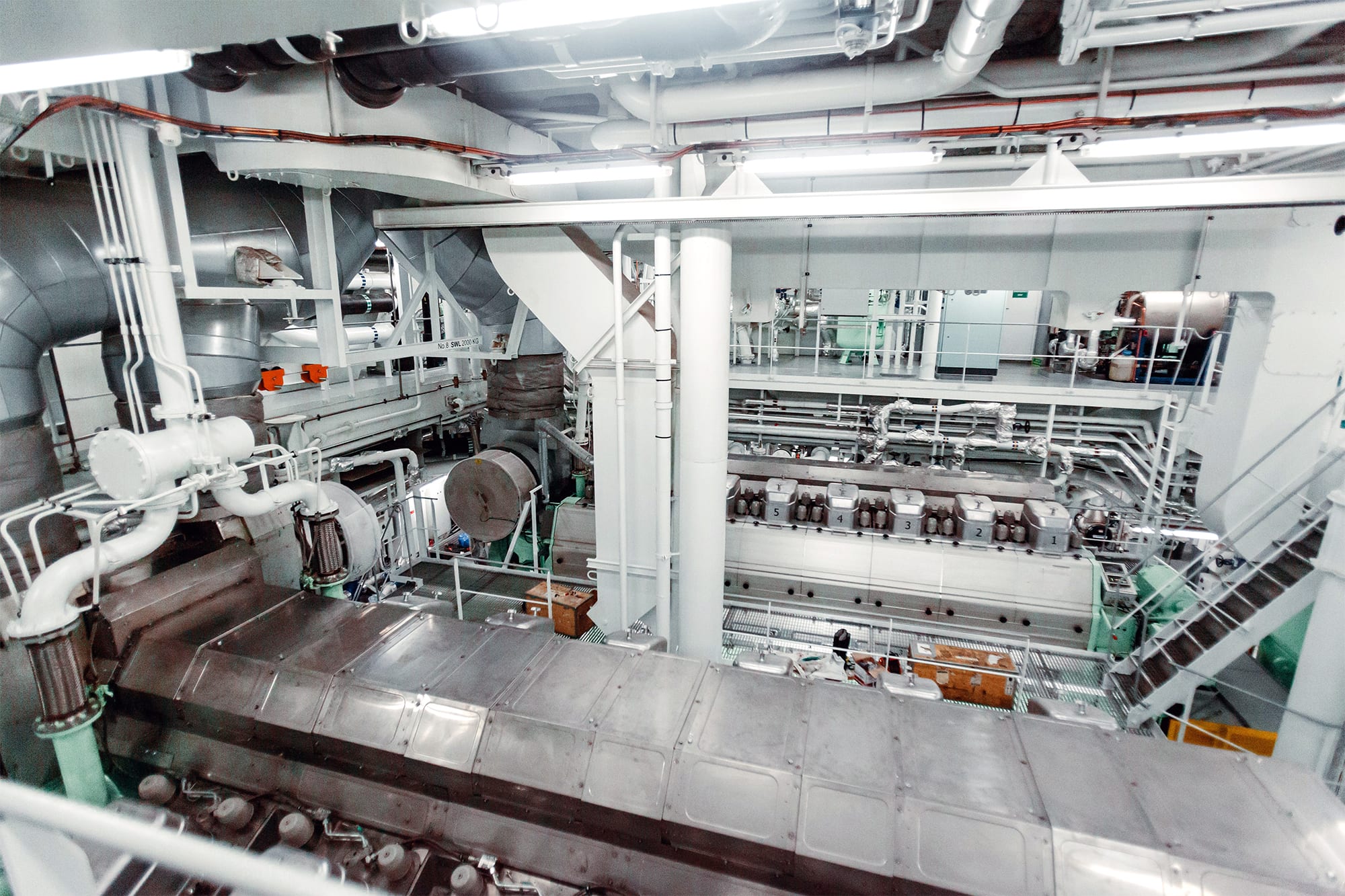A machinery space in a marine vessel