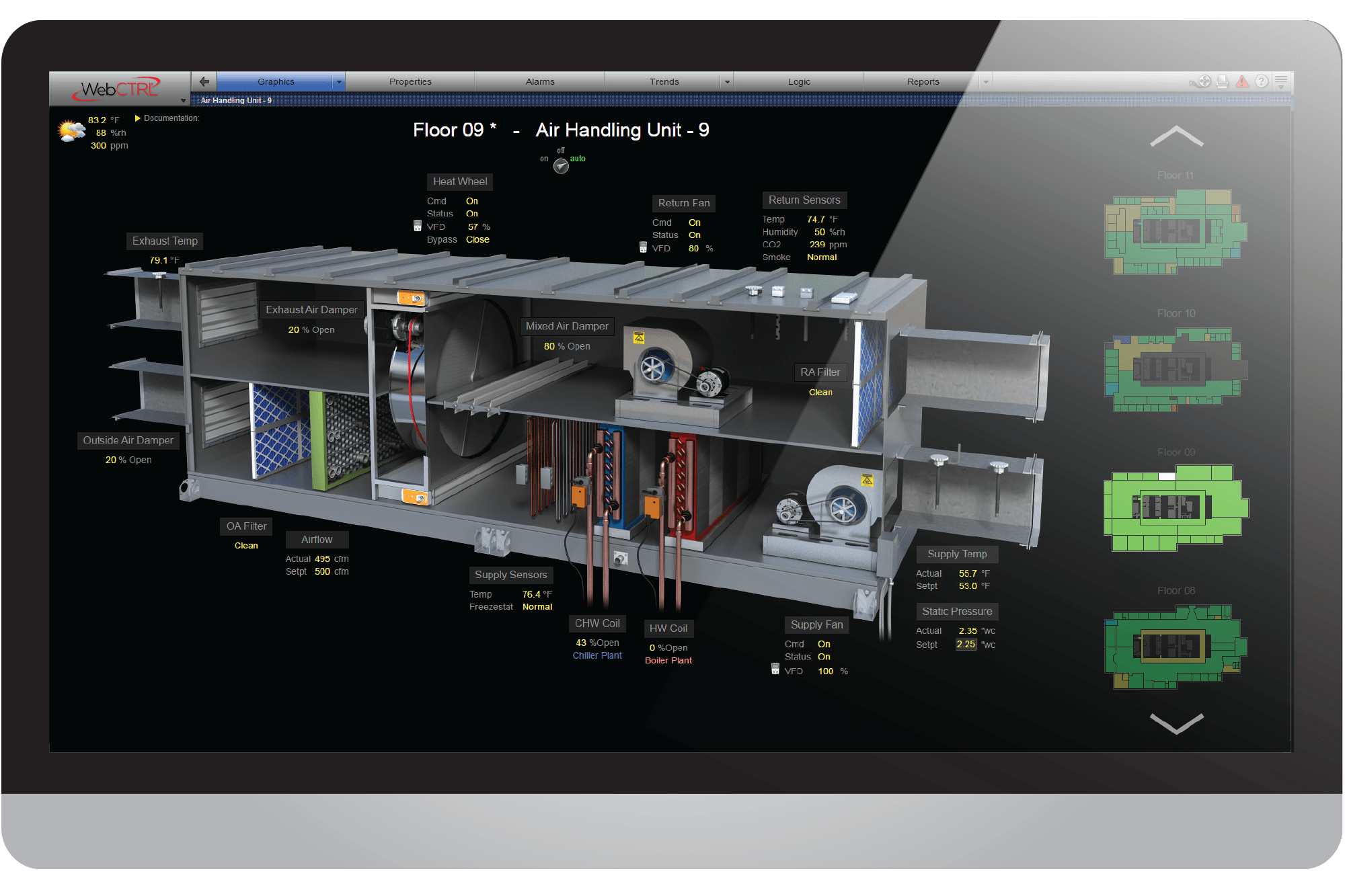 AutomatedLogic WebCtrl screen capture detailed cut away of a custom air handling unit including live values