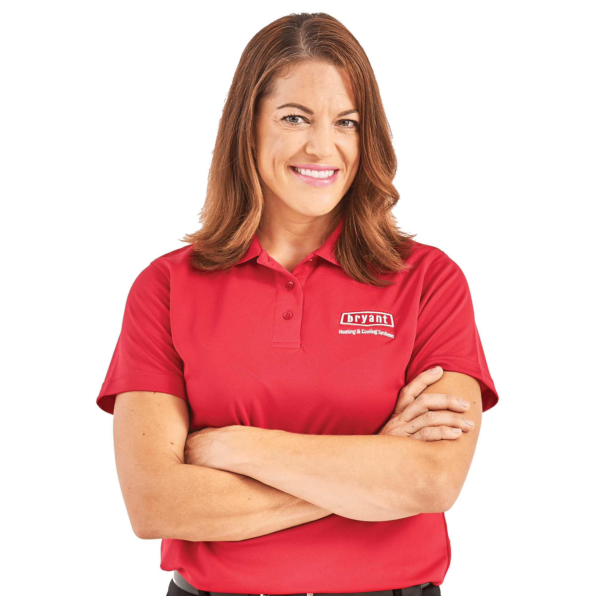 female bryant dealer smiling with arms crossed