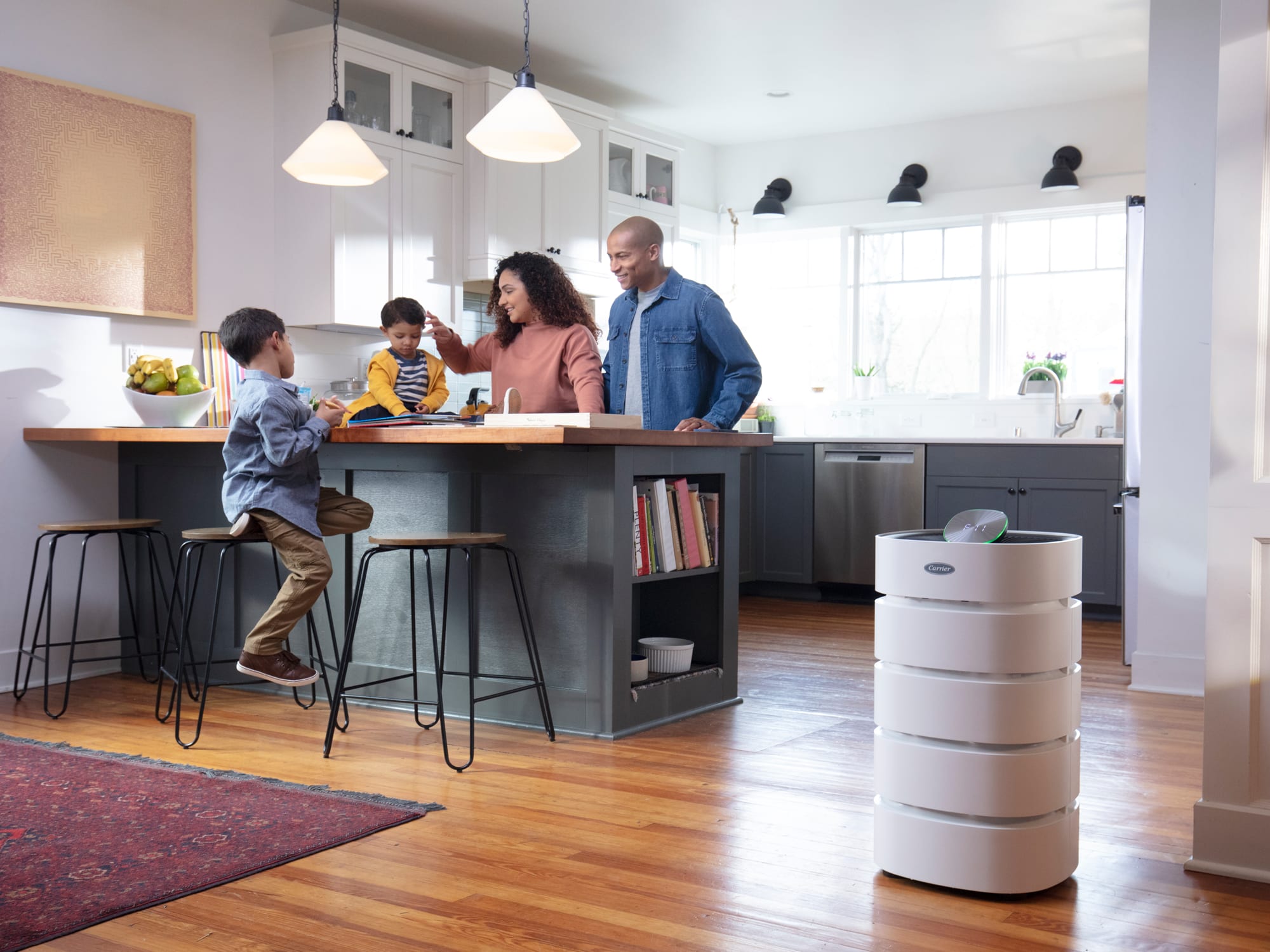 family-in-kitchen-with-room-air-purifier
