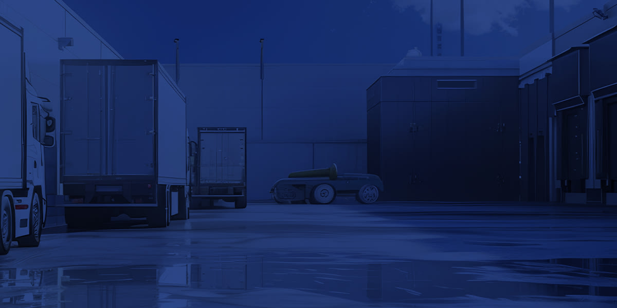 dark blue background over image of trailers at a distribution center