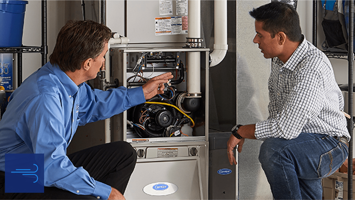 Carrier Healthy Infinity UV lamps, two men checking UV lamps