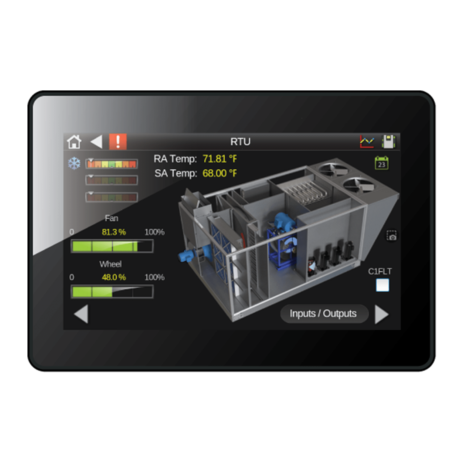 The Automated Logic® OptiPoint™ equipment interfaces, available in three sizes, are ruggedized panel-mount HMI that provide technicians easy access to the equipment status, parameter values, schedules, alarms, and trends.