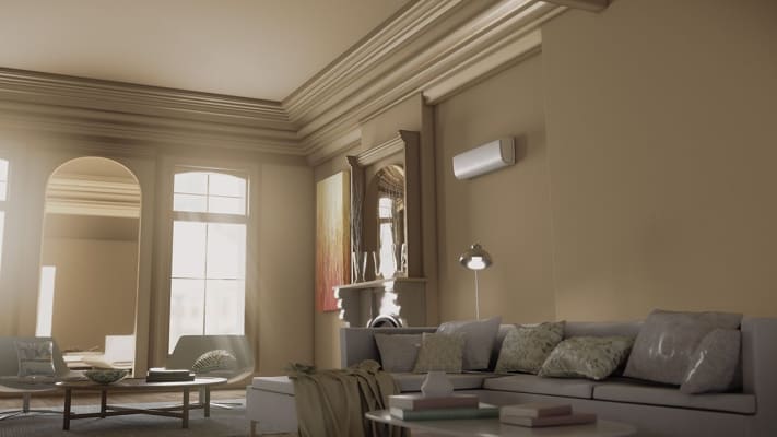 living-room-with-ductless-unit-on-wall
