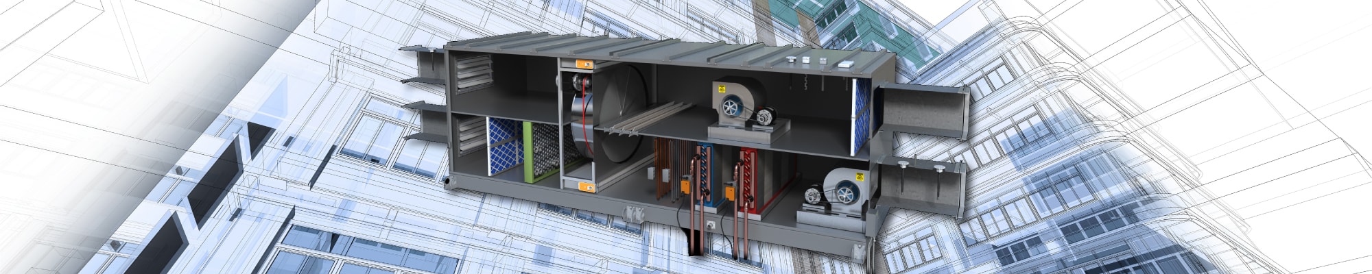 Air handling unit drawing shown with transparent sides