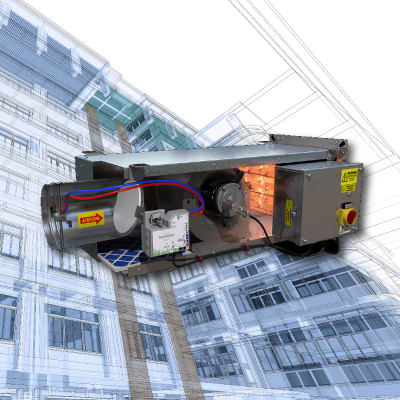 VAV box with transparent side showing damper electric reheat and controller