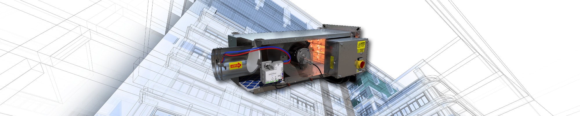 VAV box with transparent side showing damper electric reheat and controller