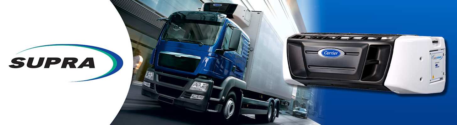 Carrier Supra Truck Refrigeration Unit with logo and blue vehicle