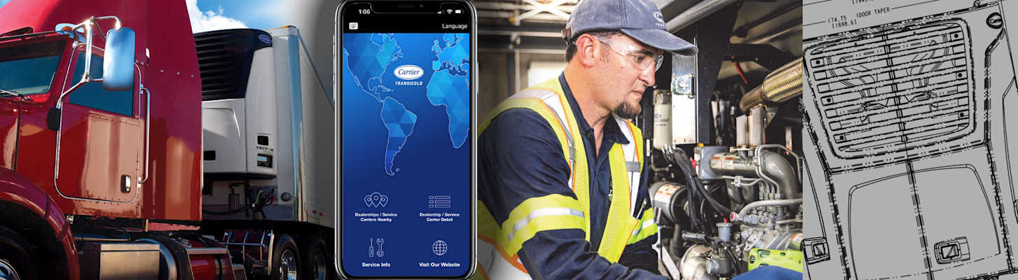 Carrier Transicold Americas Service and Support with technician, Dealer Locator app, and installation drawing