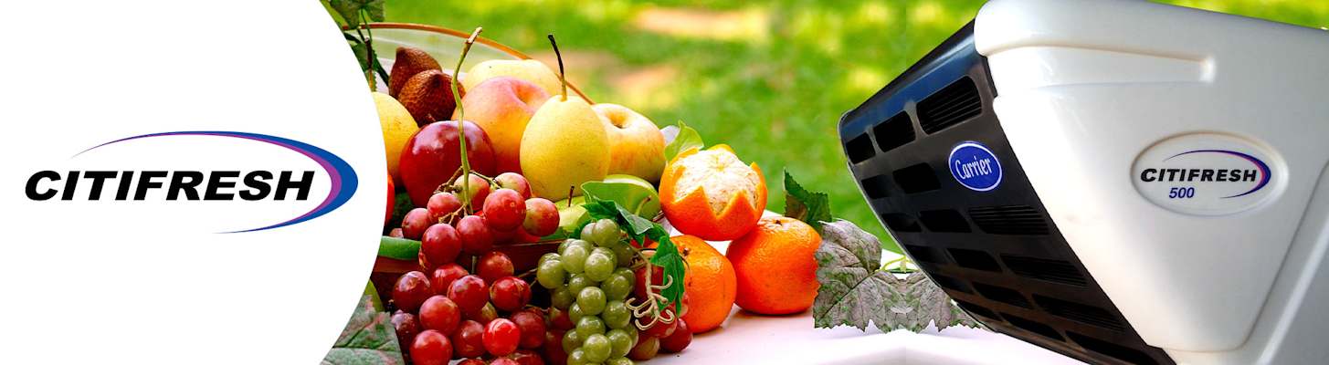 Carrier Citifresh Truck Refrigeration Units for Light Commercial Vehicles with logo and background of fresh fruit