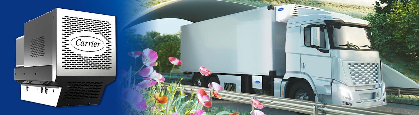 Carrier Eco-Drive Power Module in refrigerated truck driving under a bridge