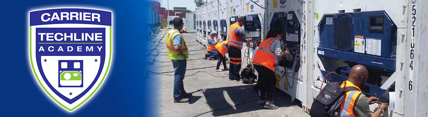 Carrier TechLINE Academy logo and image of technicians training on container refrigeration units