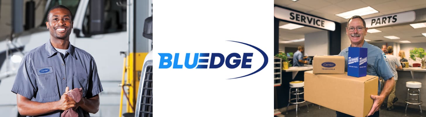 Carrier Transicold BluEdge logo with Service and Parts techicians