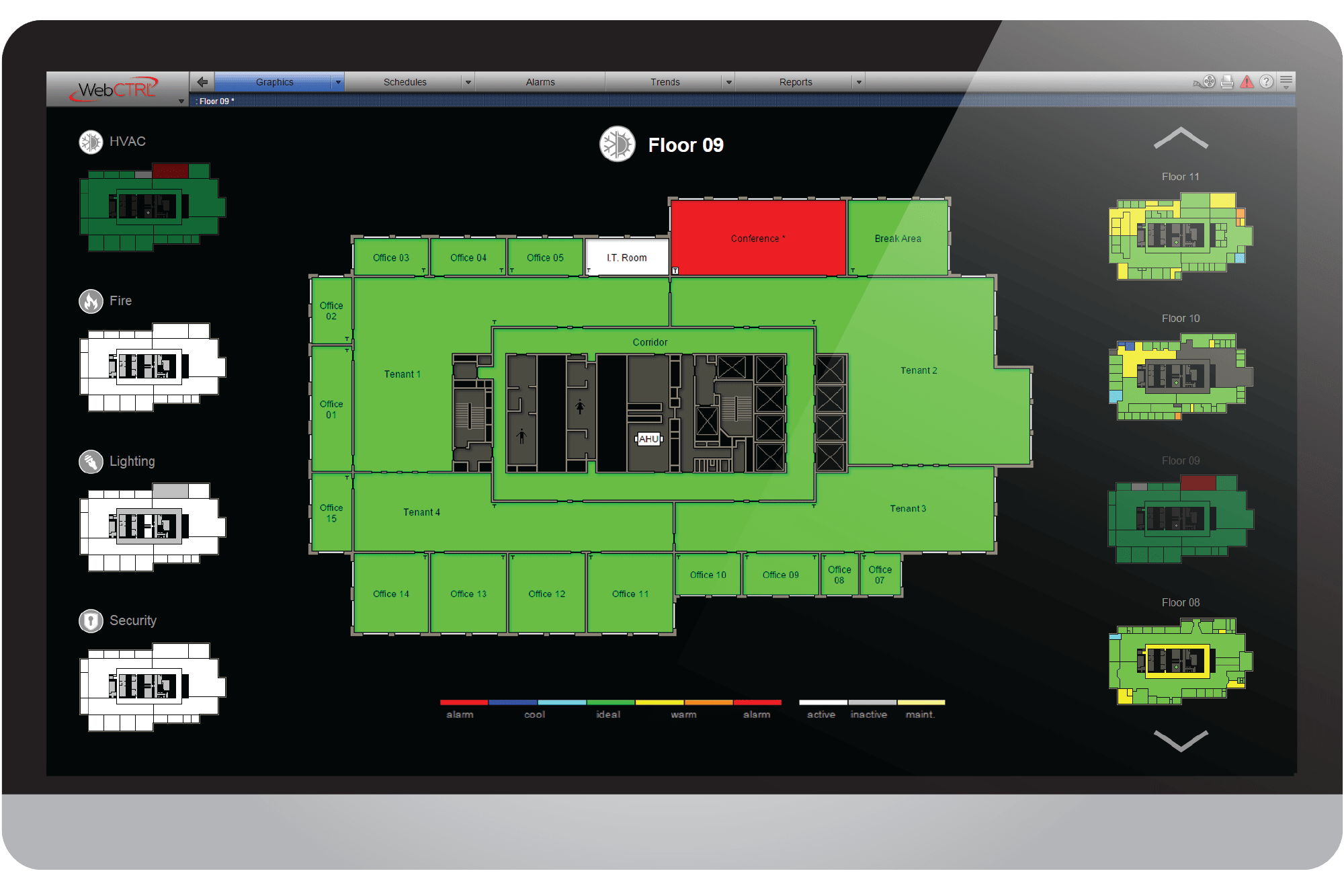 AutomatedLogic WebCtrl screen capture of a commercial building thermographic floorplan with HVAC fire lighting and security navigation