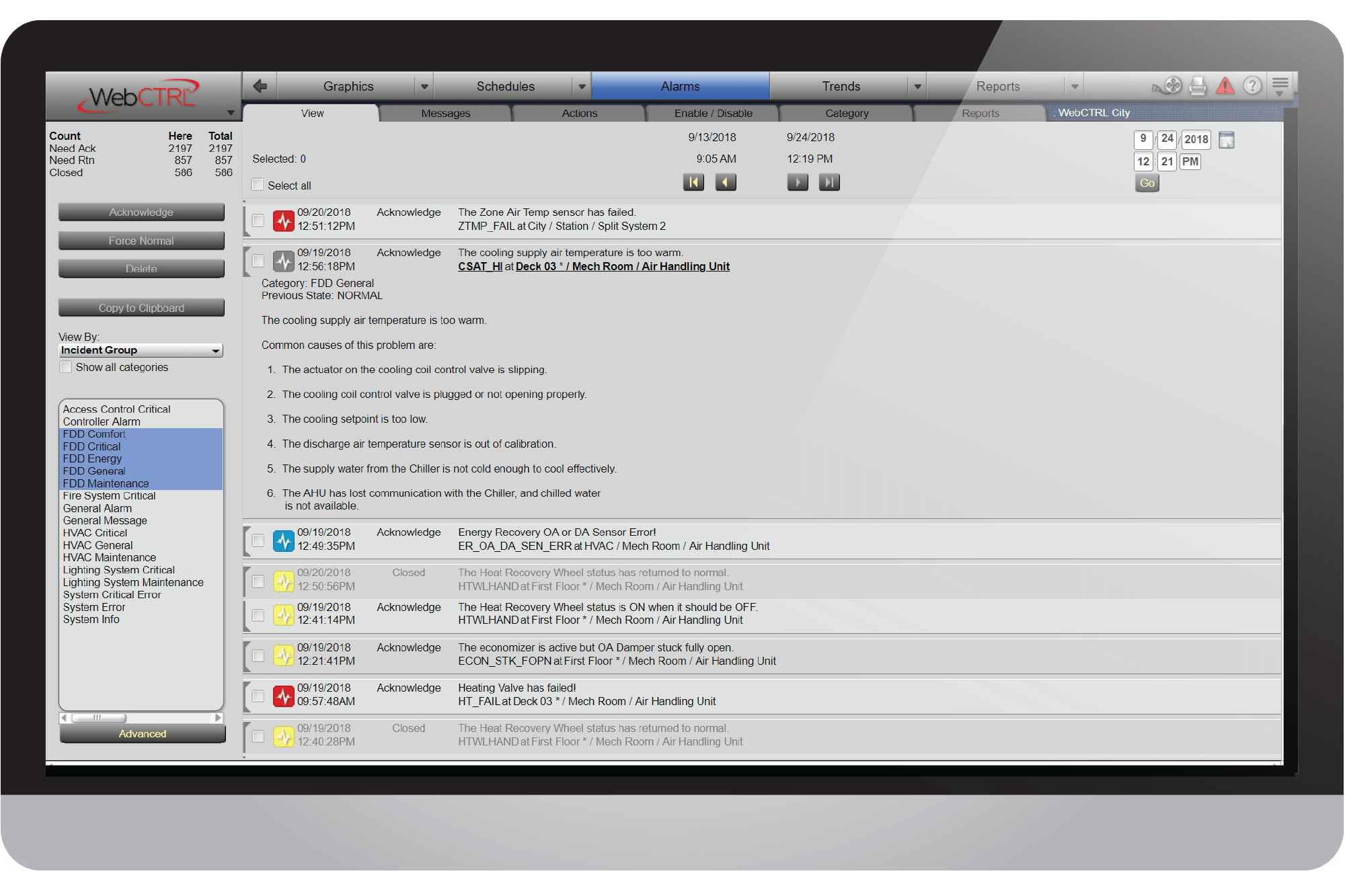 AutomatedLogic WebCtrl screen capture of the fault detection and diagnostics alarm screen