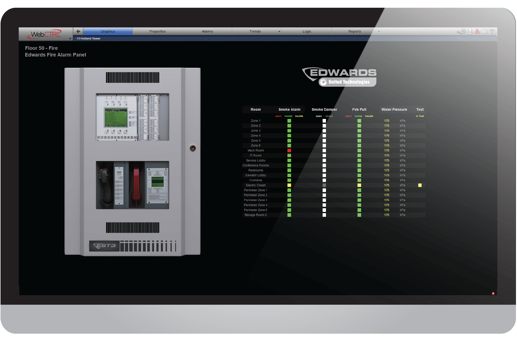AutomatedLogic WebCtrl screen capture of an Edwards EST3 fire panel conditions detail
