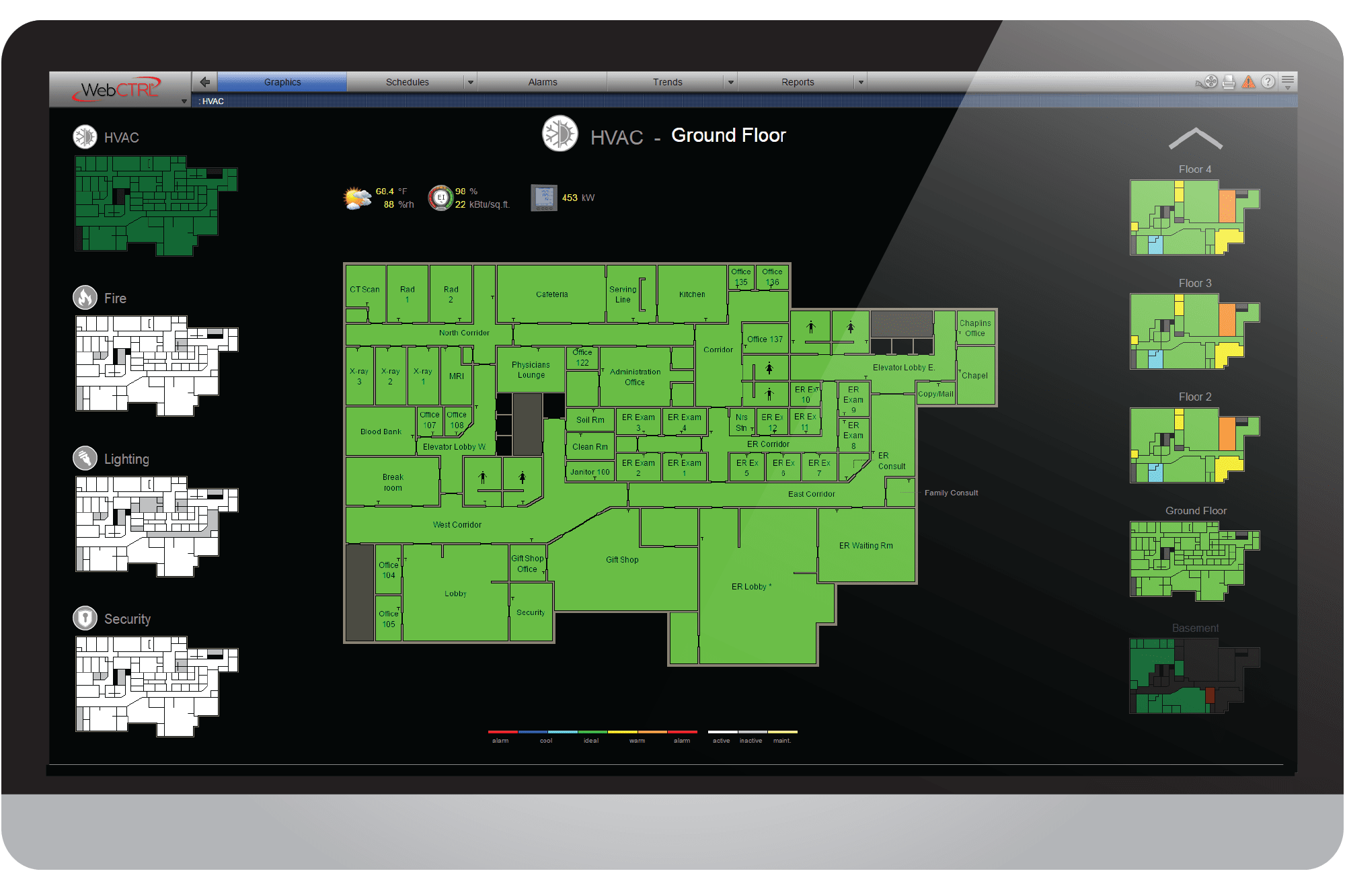 AutomatedLogic WebCtrl screen capture of a hospital thermographic floorplan with HVAC fire lighting and security navigation