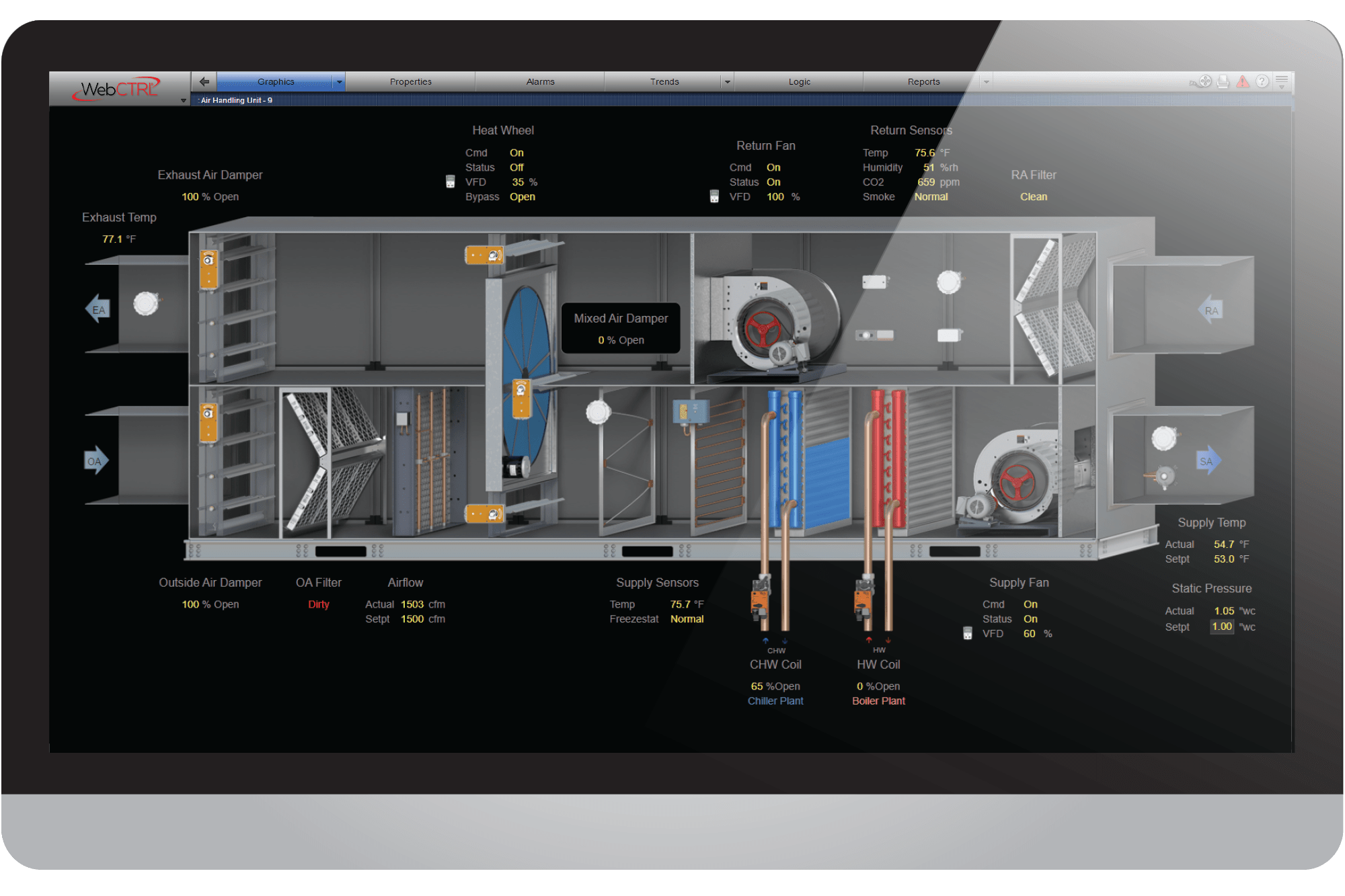 AutomatedLogic WebCtrl detailed cut away of a standard air handling unit including live values