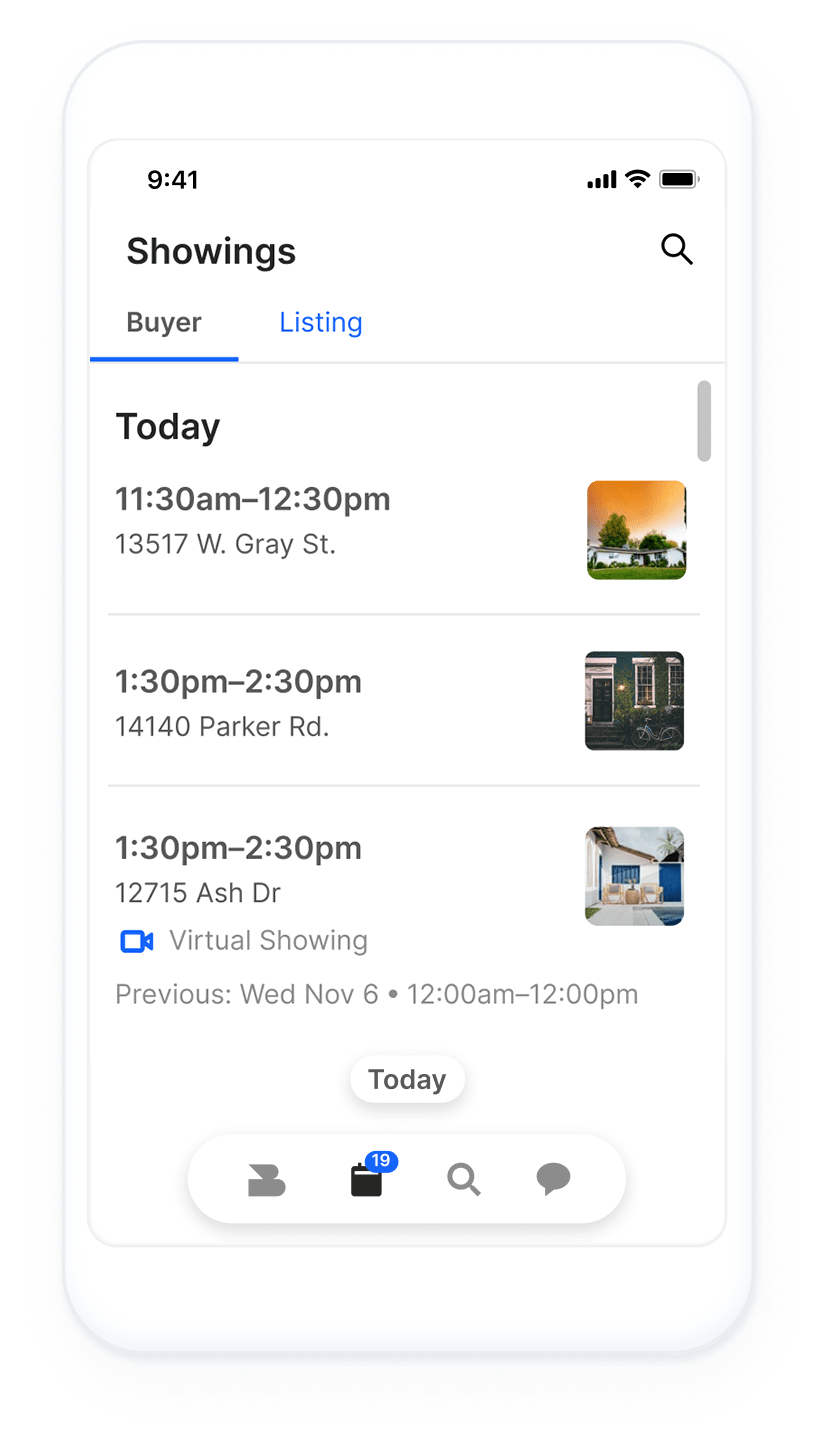 BrokerBay mobile app displaying showings screen.