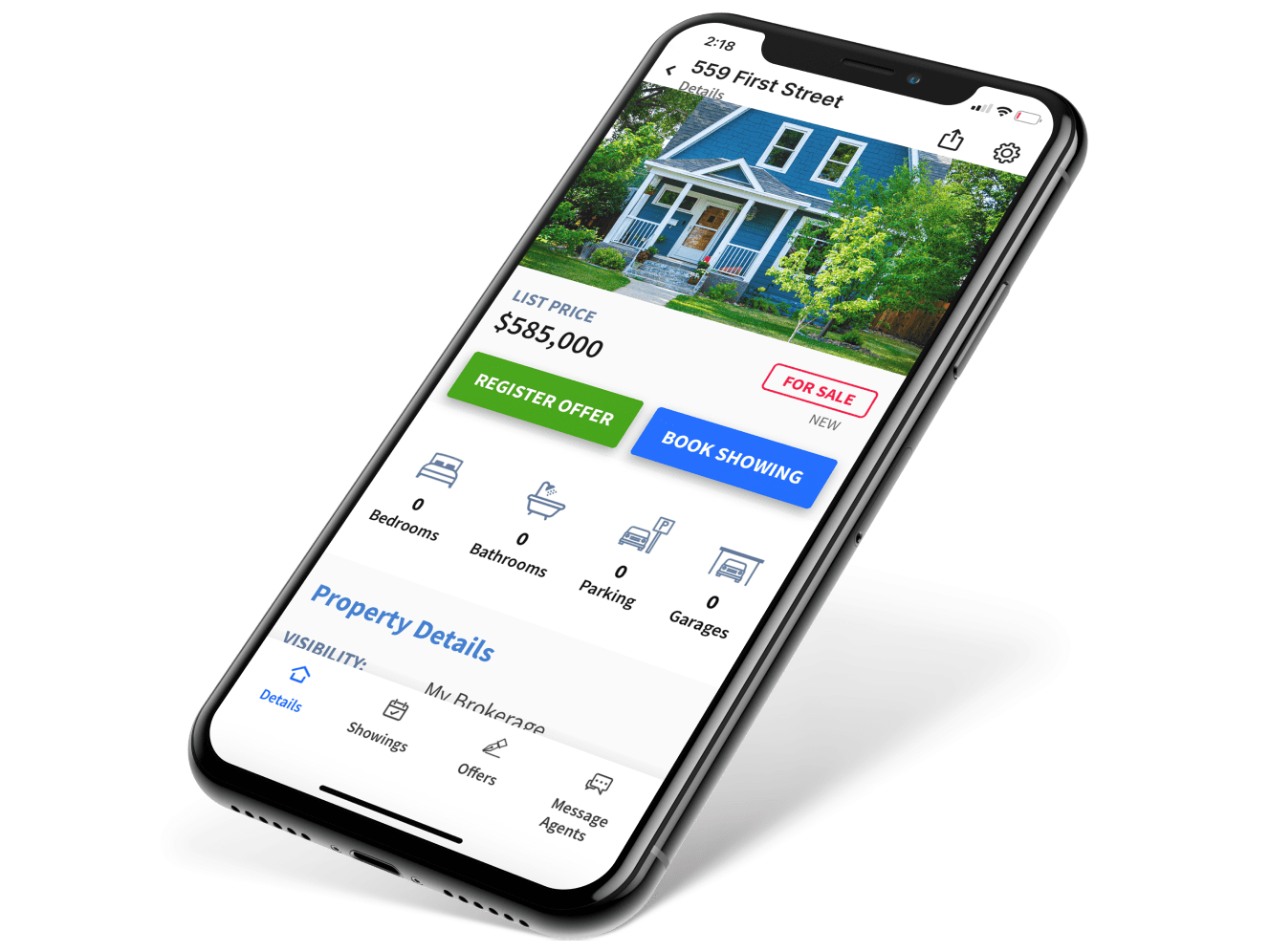 BrokerBay app on phone with listing detail and Book Showing button.