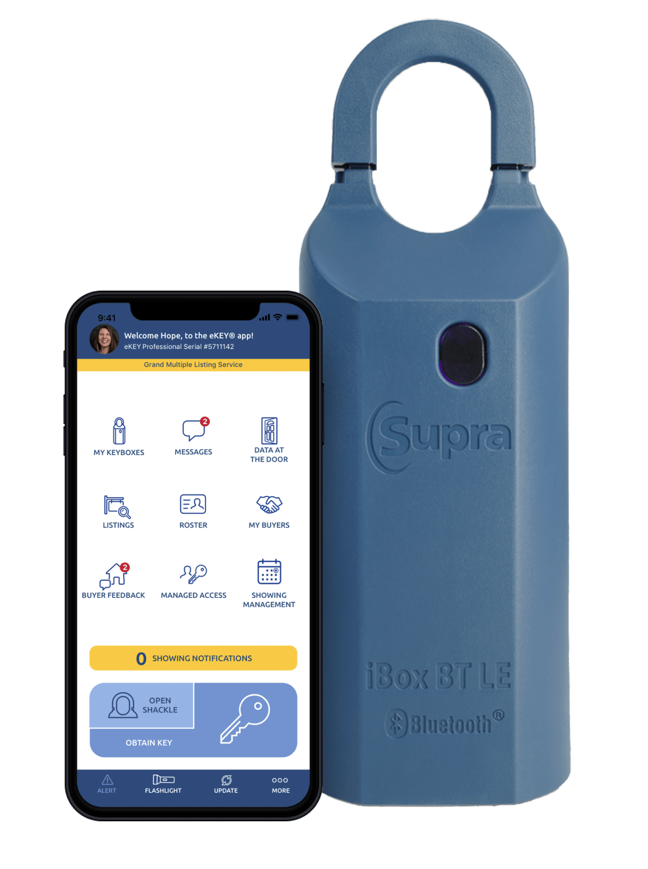 Supra real estate blue lockbox btle front angle next to mobile phone displaying ekey app home screen.