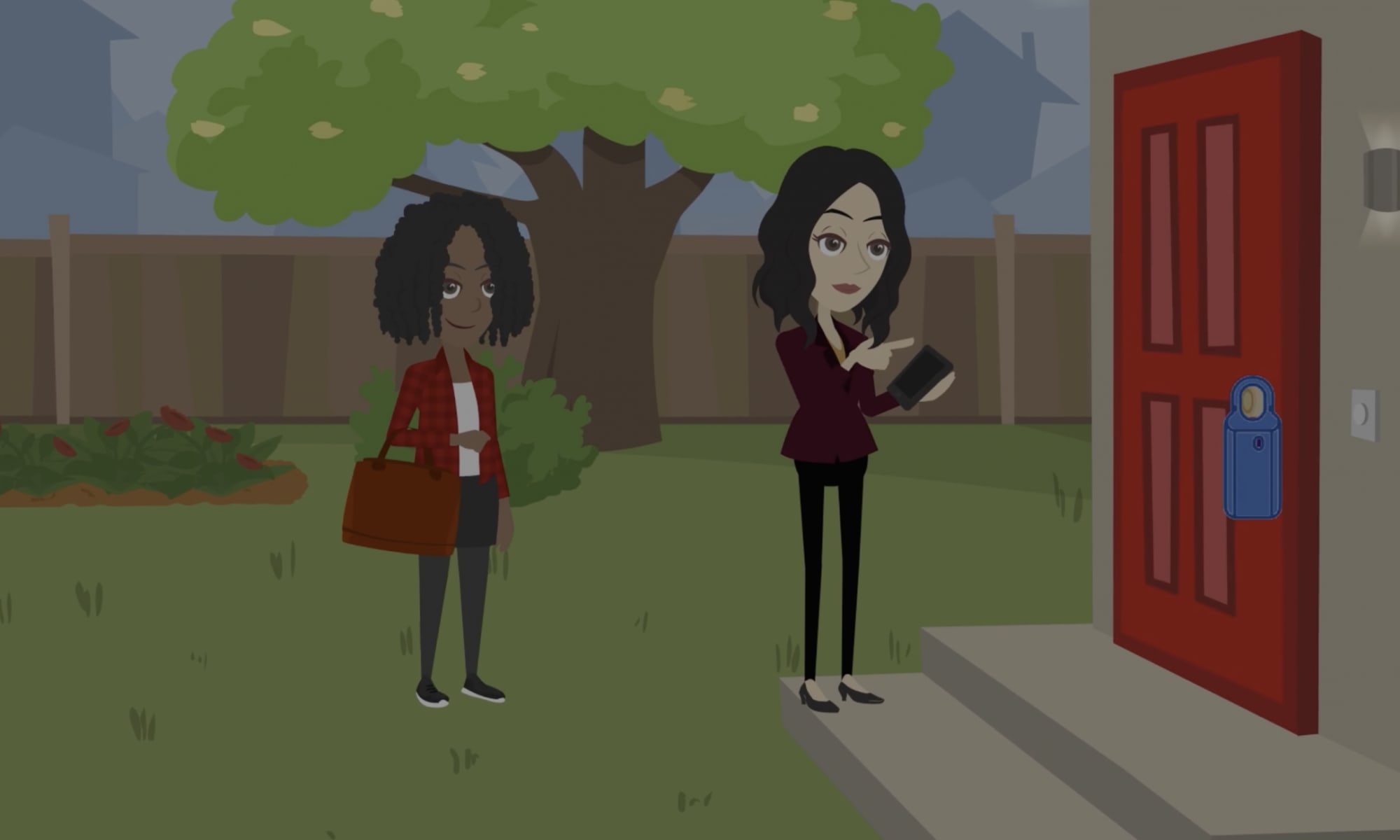 Animated style video snapshot featuring real estate agent outside home with client ready for showing