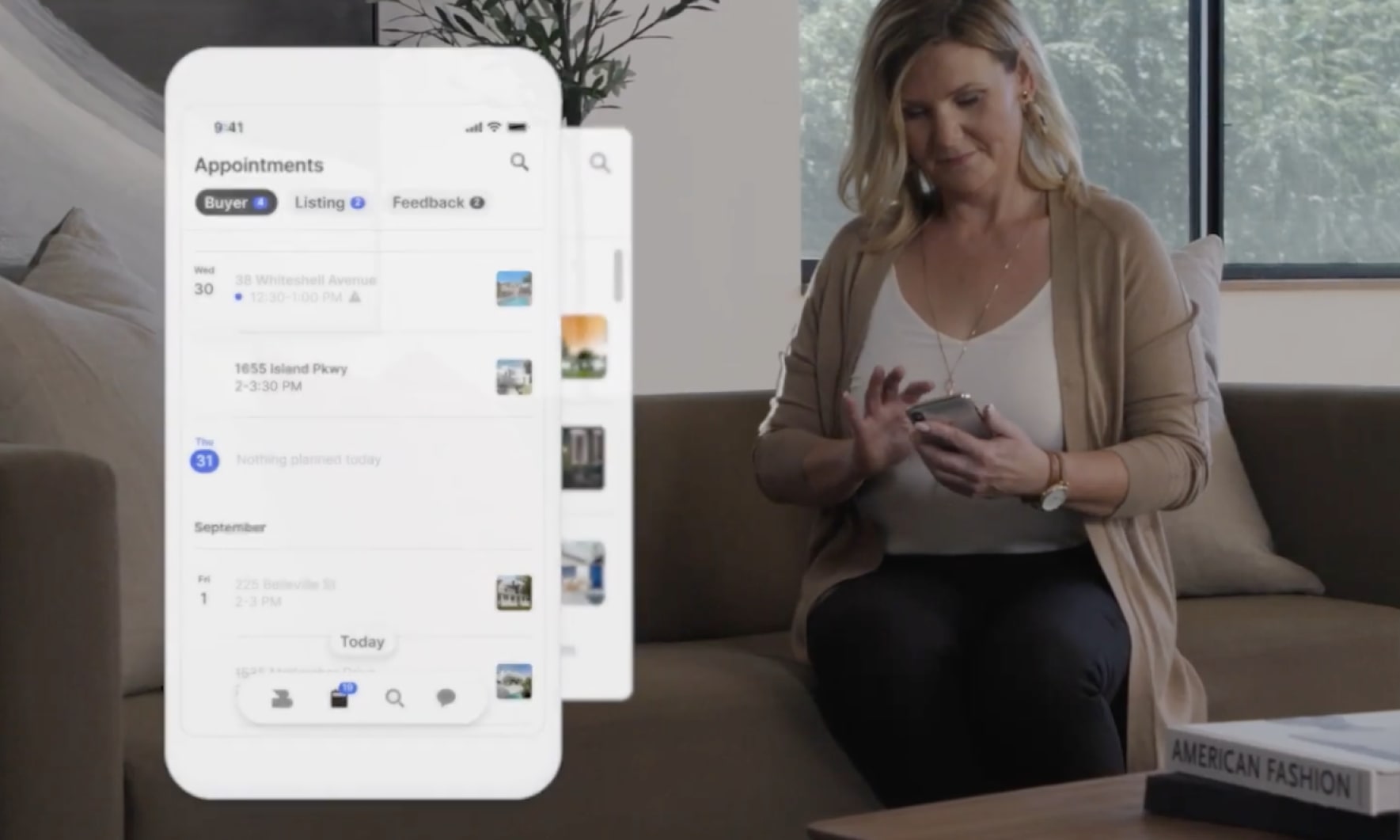 Close up of mobile app screen with an appointment calendar next to background scene of real estate agent sitting on sofa looking at mobile phone