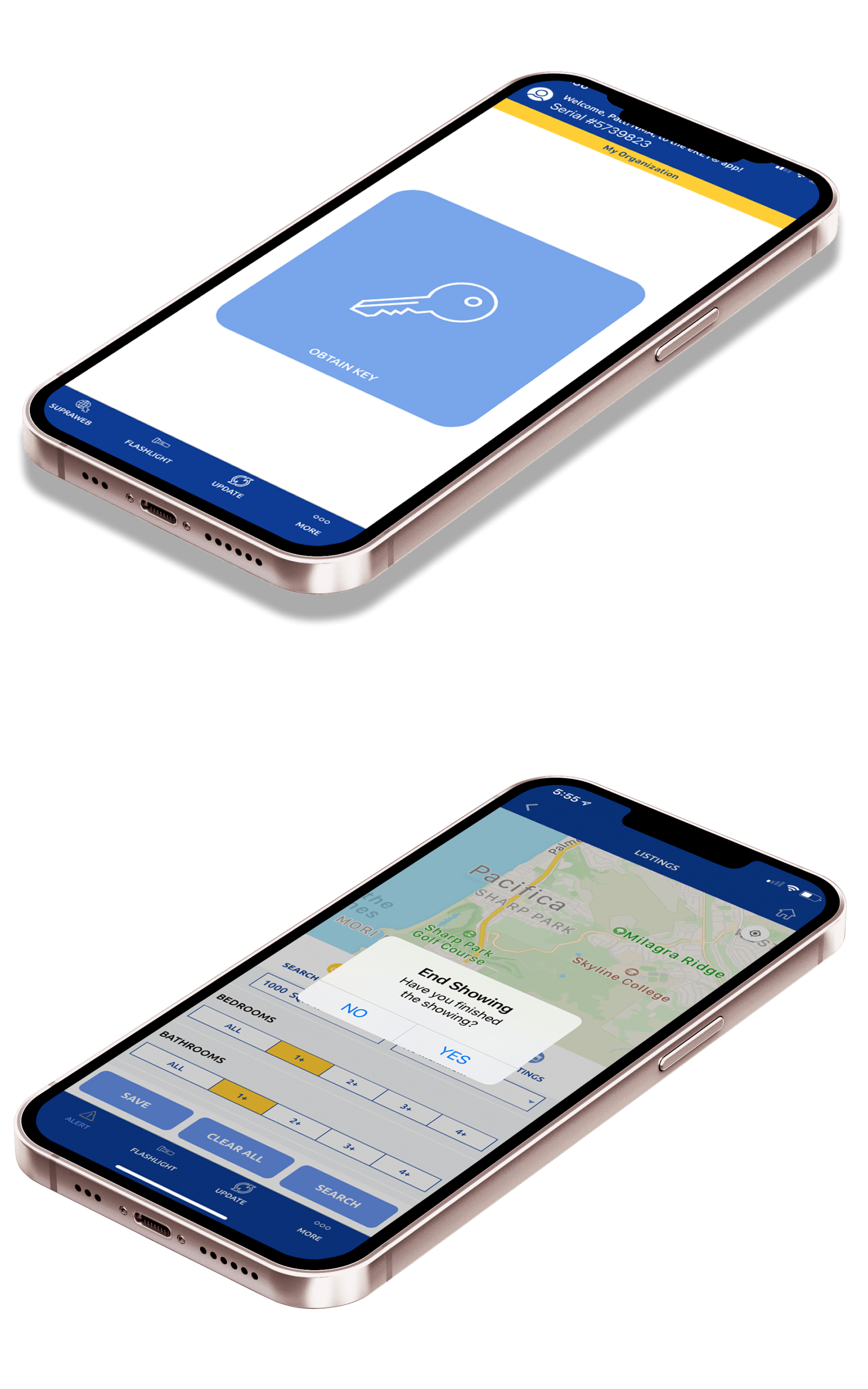 Supra eKEY app screens featuring large obtain key button and listing search screen with notification asking have you finished the showing.