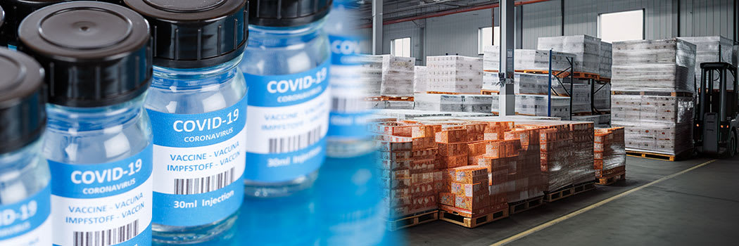 Vaccines and pallets inside a cold storage warehouse