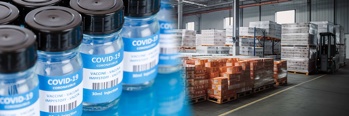 Vaccines and pallets inside a cold storage warehouse