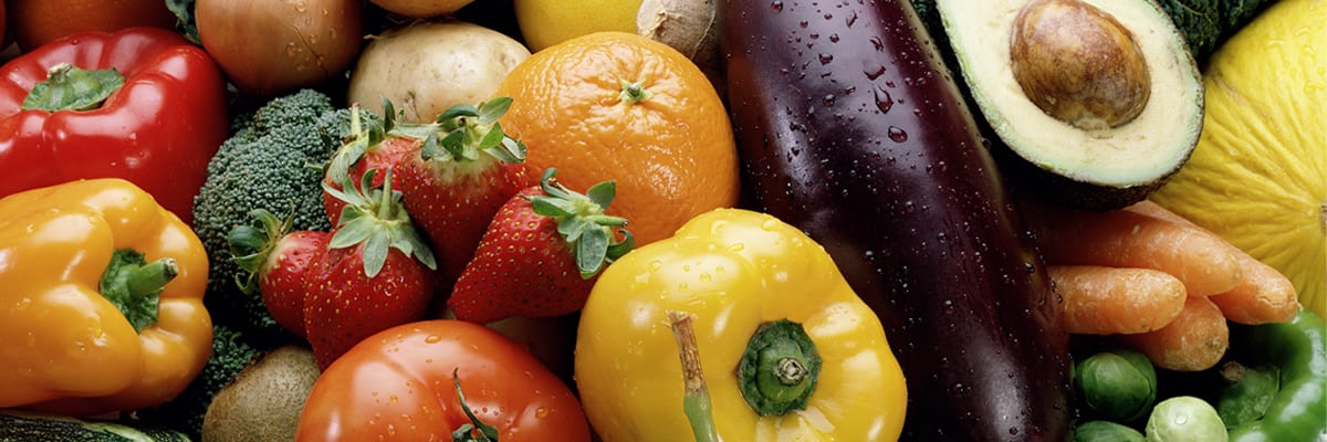 Closeup of mixed fruits and vegetables