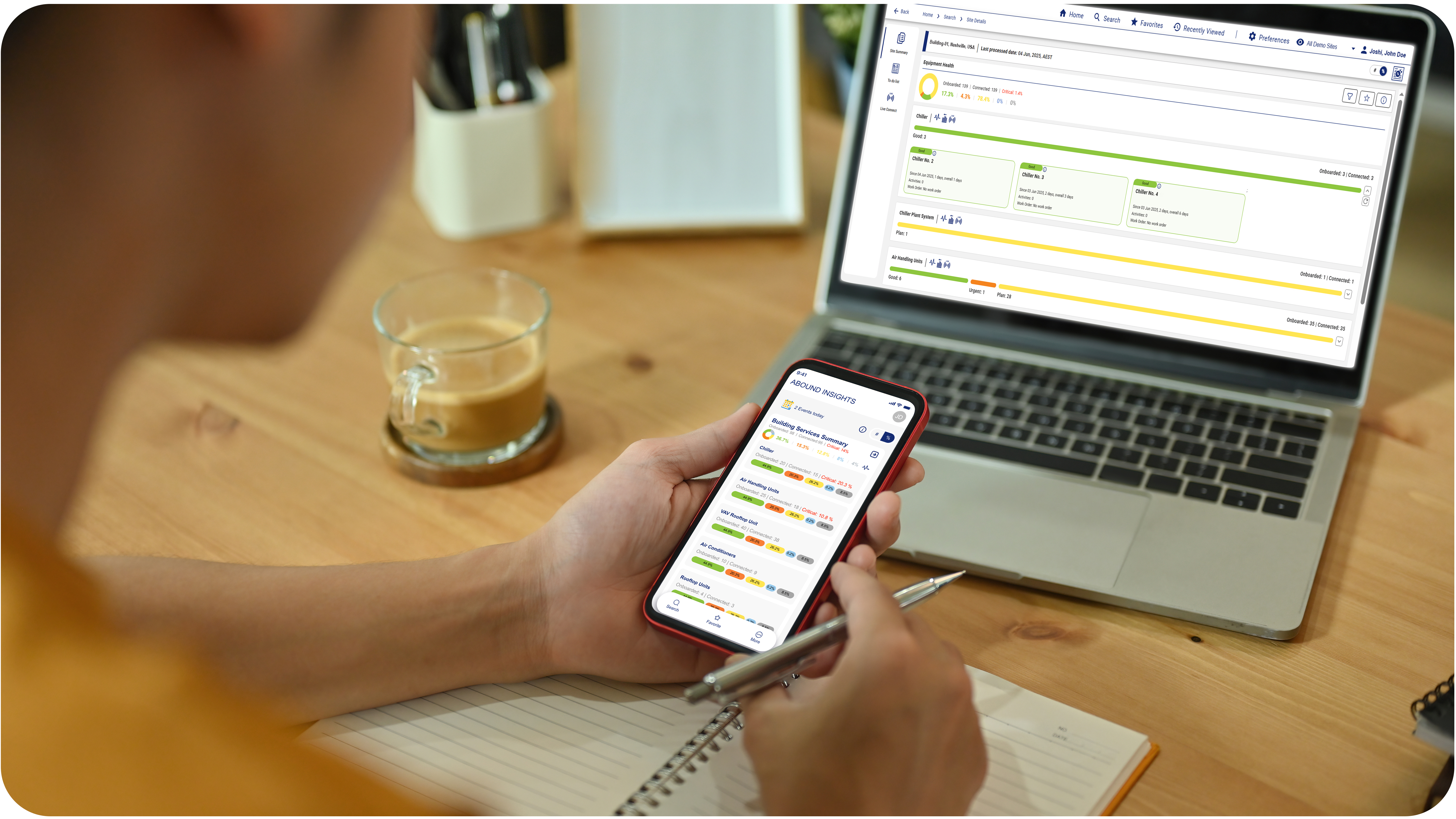 woman using mobile phone and laptop with predictive insights screens