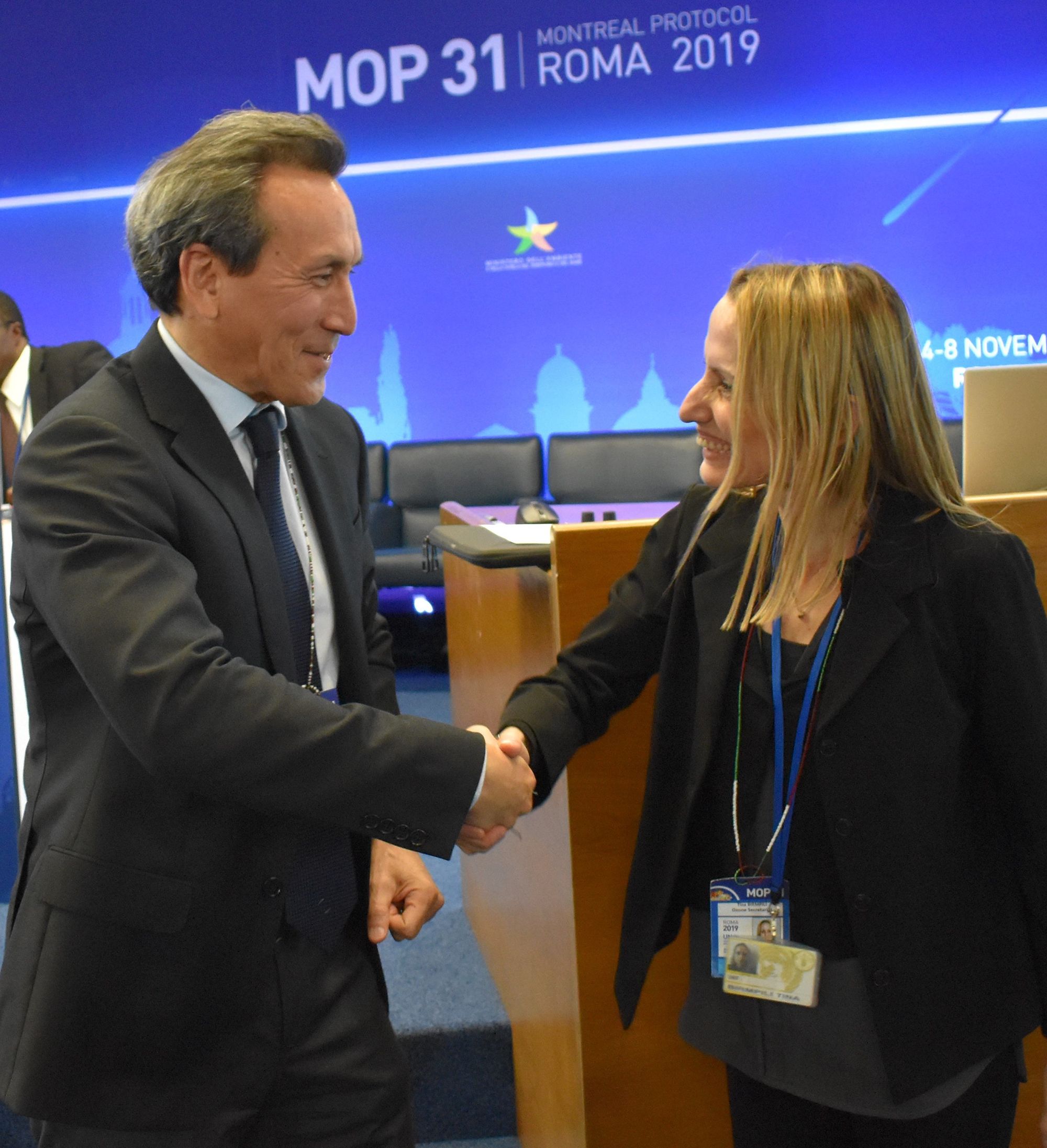 Carrier Transicold & Refrigeration Systems President David Appel (left) with Executive Secretary of the UN Environment Programme Ozone Secretariat Tina Birmpili