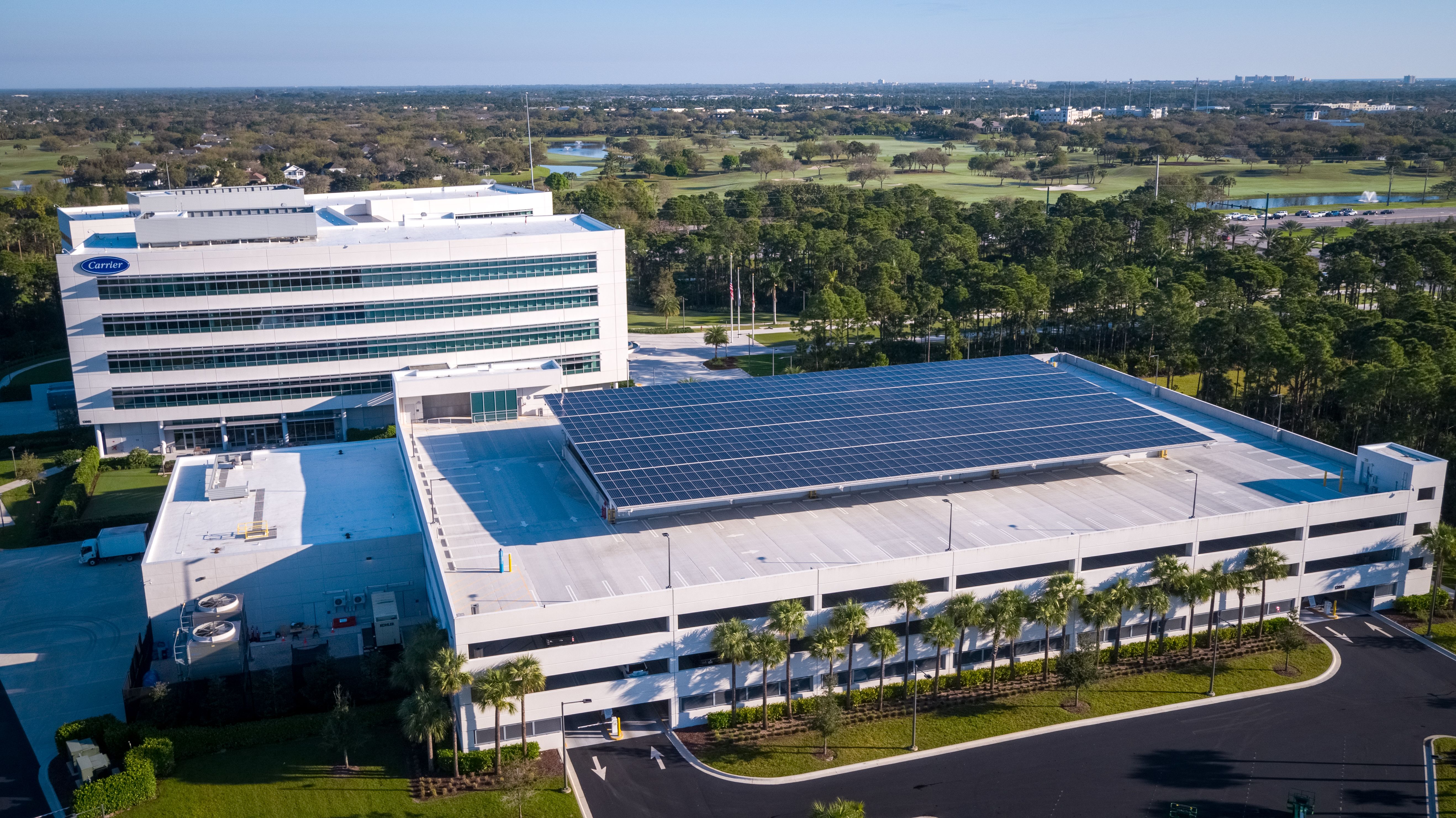 Carrier Global World Headquarters Building with Clean Energy Solar Panels on Parking Garage to Increase Sustainability and Energy Efficiency Carrier Global, WHQ, Sustainable Practices, ESG, Solar Power, Clean Energy, Climate Change