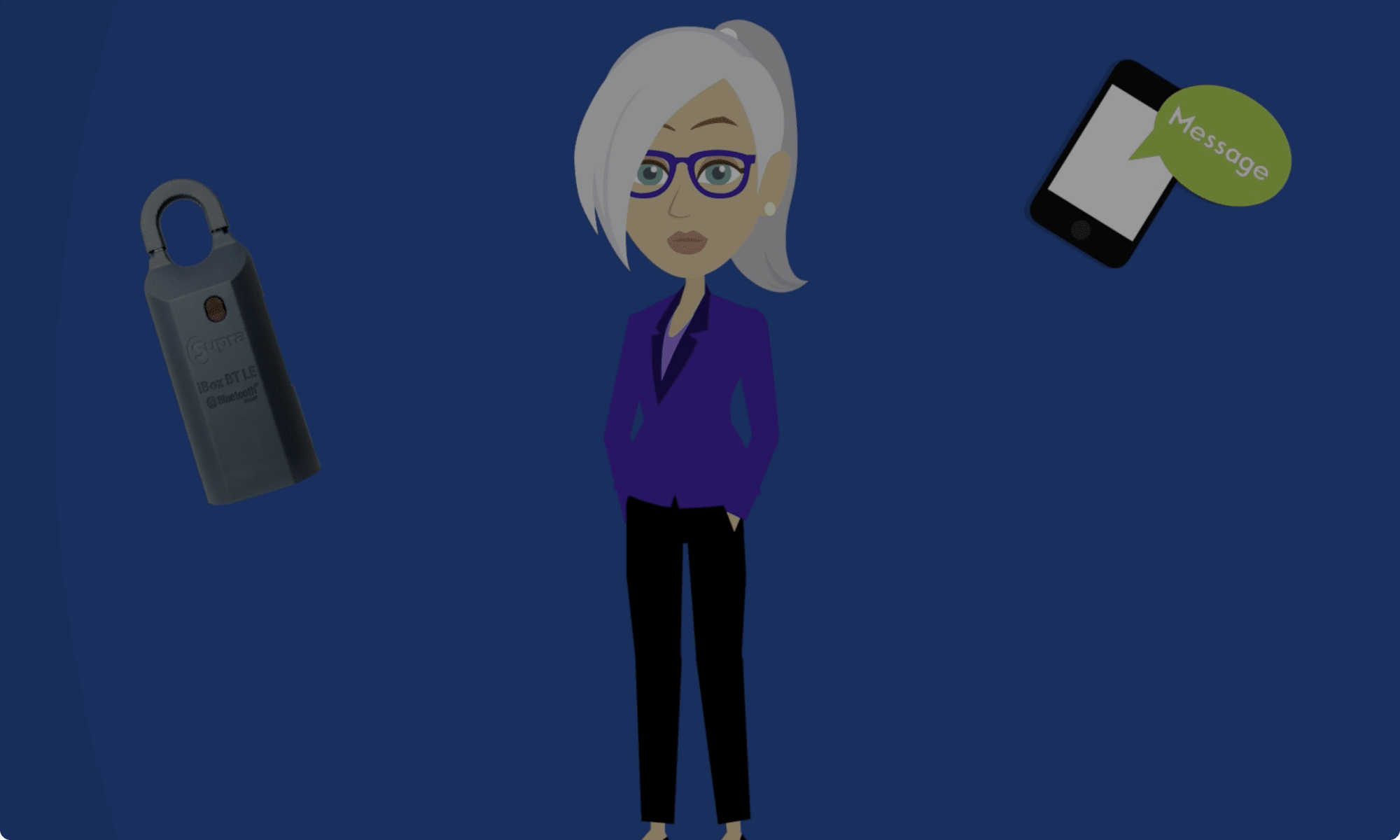 Animated style video snapshot featuring real estate agent with lockbox and mobile phone images