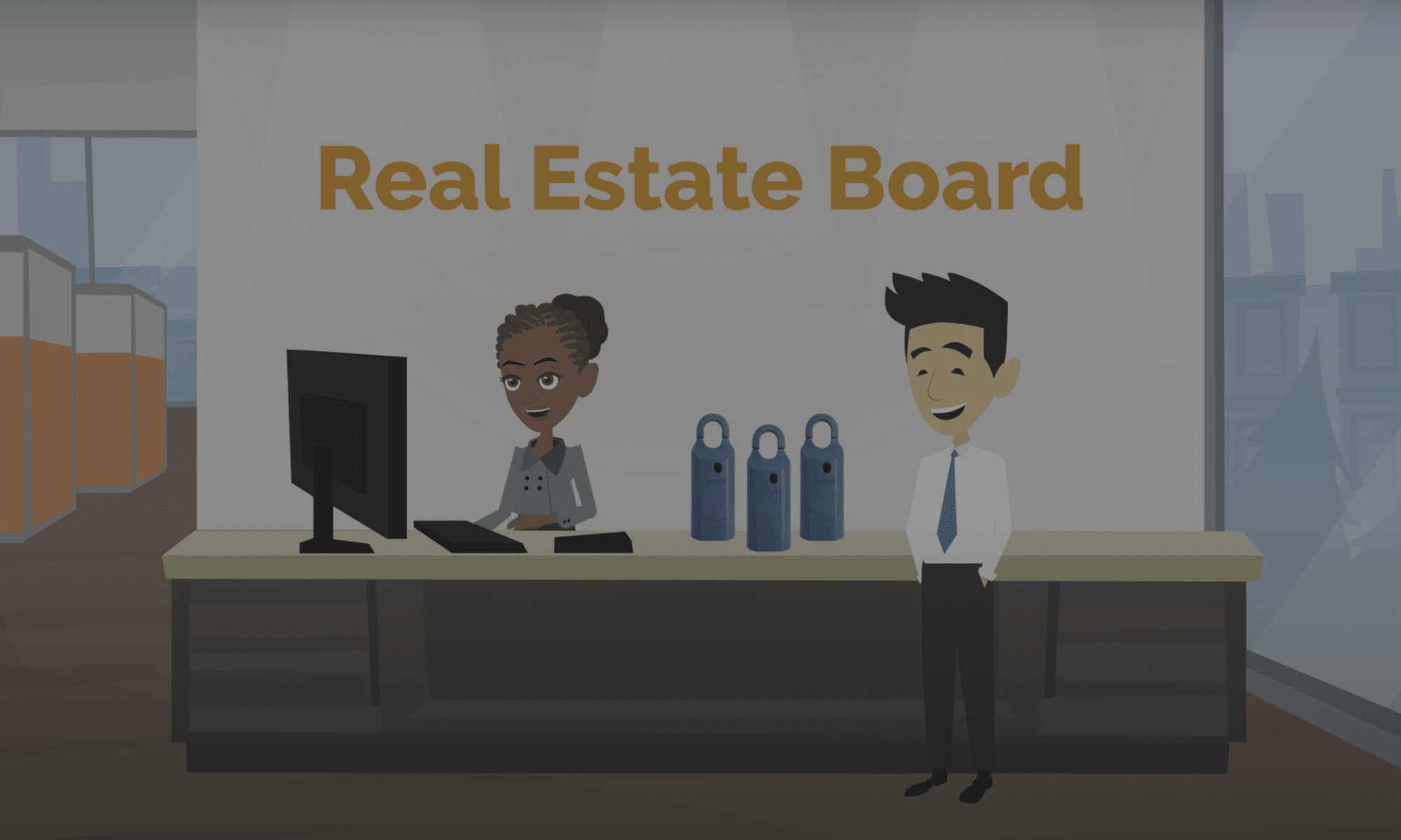 Animated style video with real estate board and agent gaining access to listings outside your area