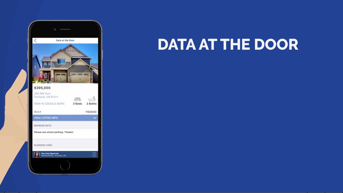 Animated style video snapshot featuring real estate agents using data at the door feature