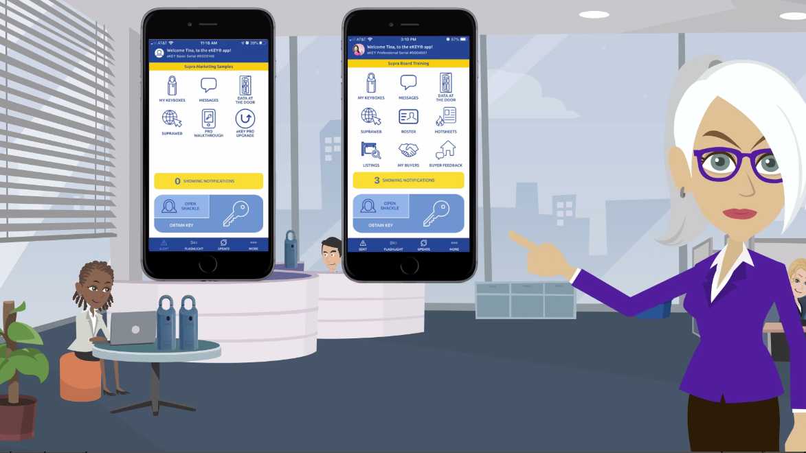 Animated style video featuring real estate agents obtaining key to open shackle